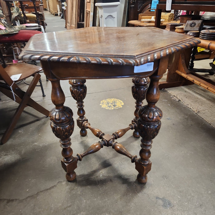 WALNUT AND BEECH HEXAGON TABLE WTH MELON BALL LEGS