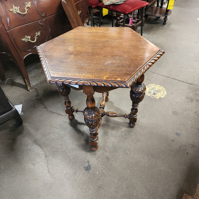 WALNUT AND BEECH HEXAGON TABLE WTH MELON BALL LEGS