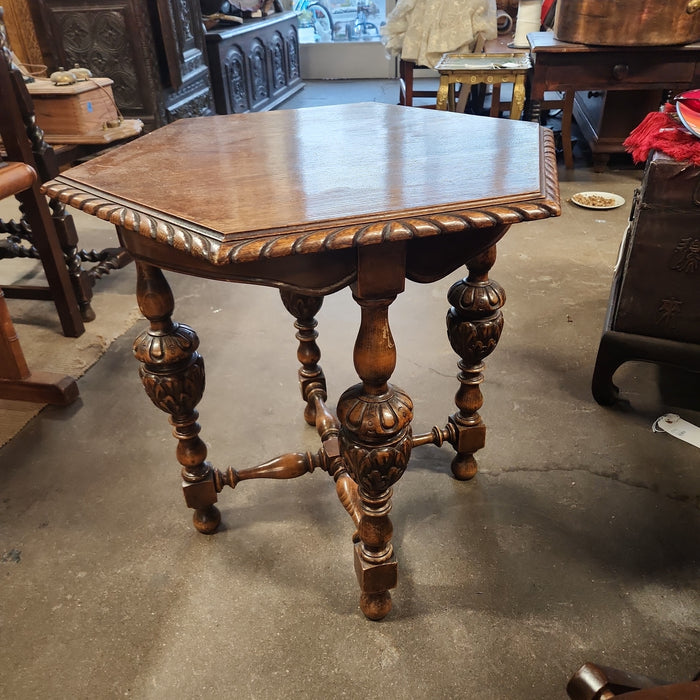 WALNUT AND BEECH HEXAGON TABLE WTH MELON BALL LEGS