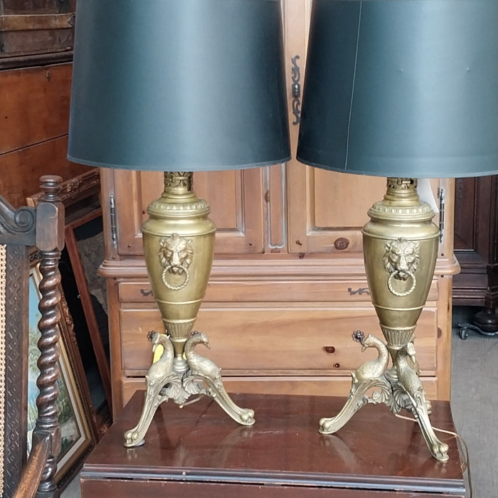 PAIR OF BRONZE PEACOCK AND LIONS LAMPS WITH SHADES