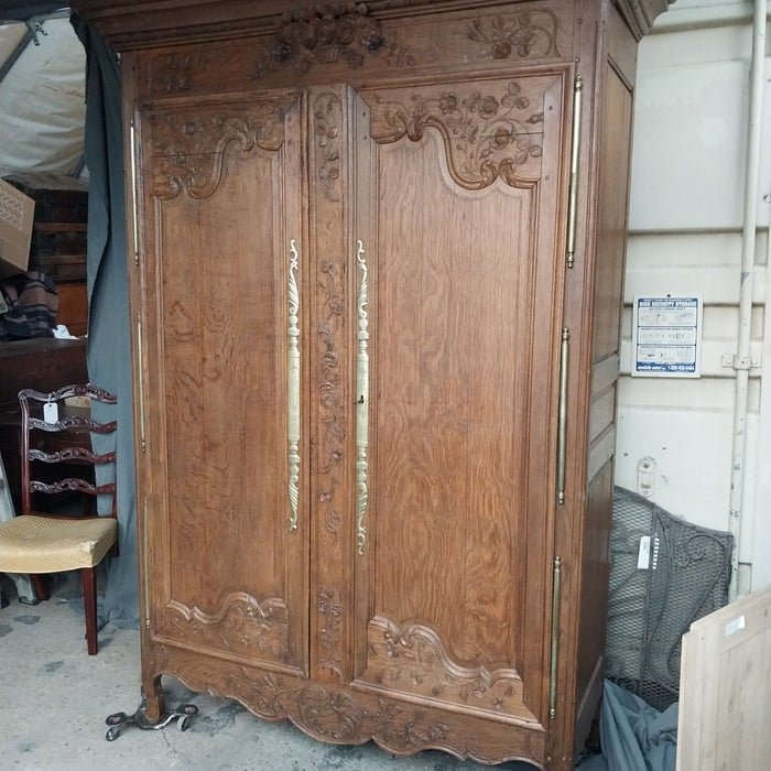 FRENCH NORMANDY FLORAL BASKET CROWNED OAK ARMOIRE