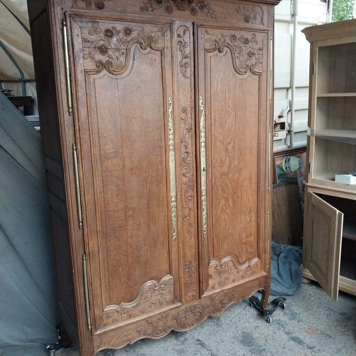 FRENCH NORMANDY FLORAL BASKET CROWNED OAK ARMOIRE