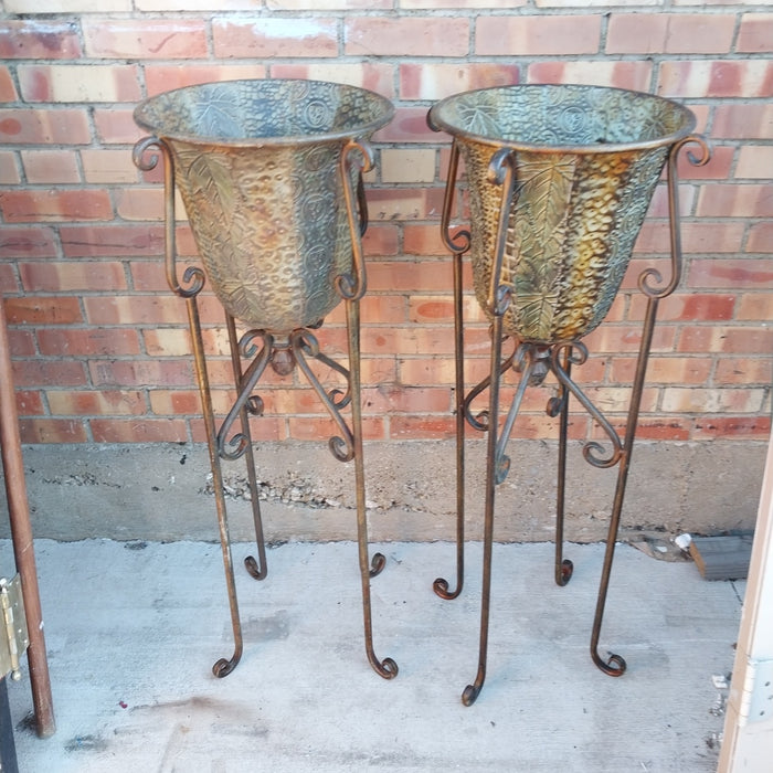 PAIR OF IRON & EMBOSSED TIN PLANTERS