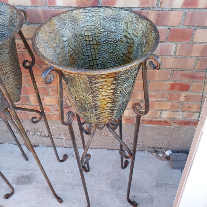 PAIR OF IRON & EMBOSSED TIN PLANTERS