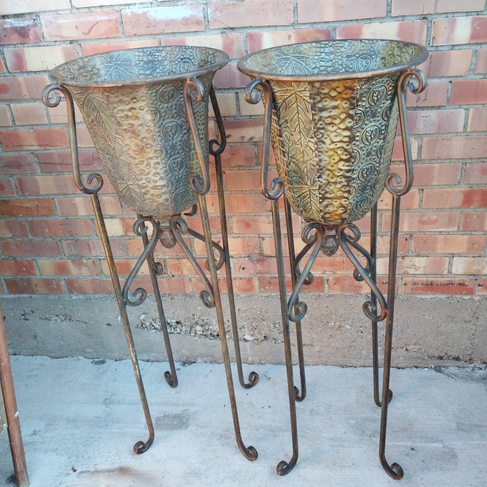 PAIR OF IRON & EMBOSSED TIN PLANTERS