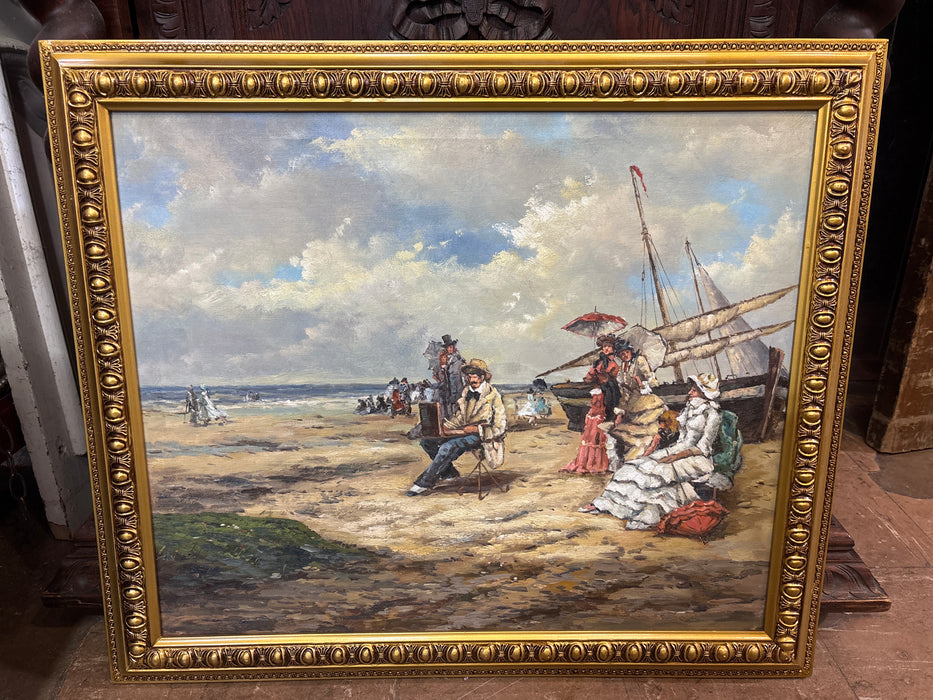 VINTAGE VICTORIAN FRAMED IMPRESSIONIST OIL PAINTING OF SEASIDE HOLIDAY WITH SAILBOAT