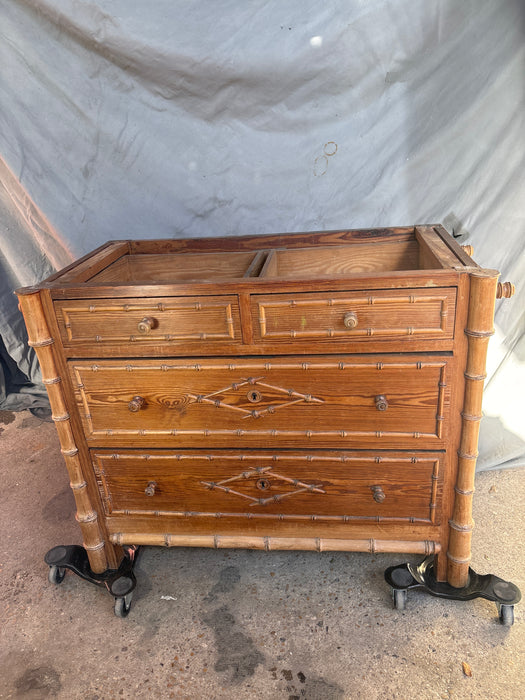 FAUX BAMBOO PINE MARBLE TOP DRESSER WITH MIRROR