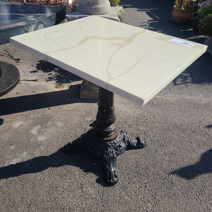 RECTANGULAR THICK WHITE MARBLE TOP ORNATE FOUR FOOTED CAST IRON  PUB TABLE