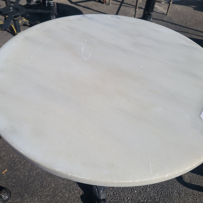 THICK ROUND WHITE MARBLE TOP ORNATE FOUR FOOTED CAST IRON  PUB TABLE