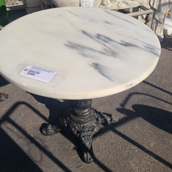 THICK ROUND WHITE MARBLE TOP ORNATE FOUR FOOTED CAST IRON  PUB TABLE