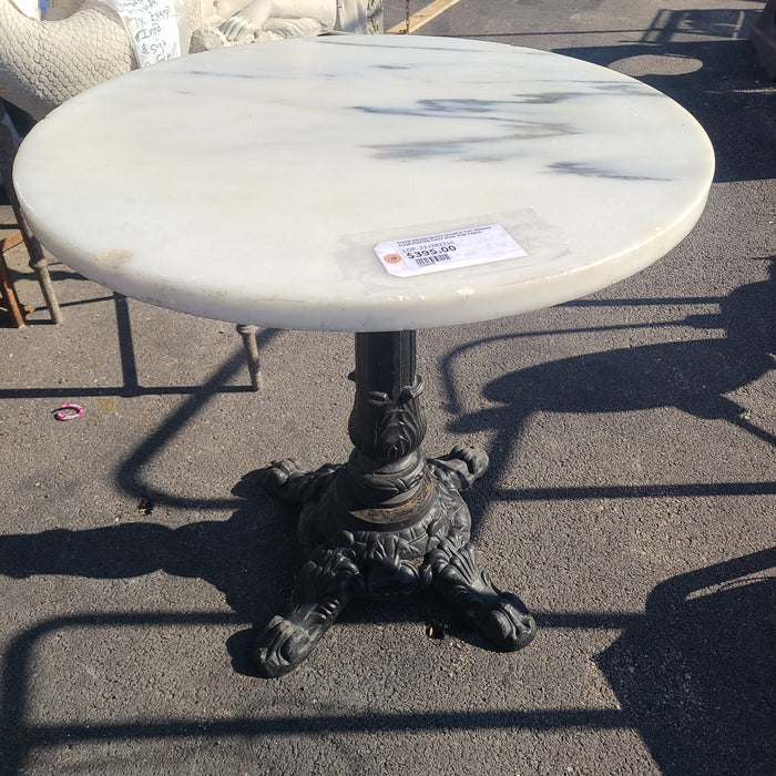 THICK ROUND WHITE MARBLE TOP ORNATE FOUR FOOTED CAST IRON  PUB TABLE