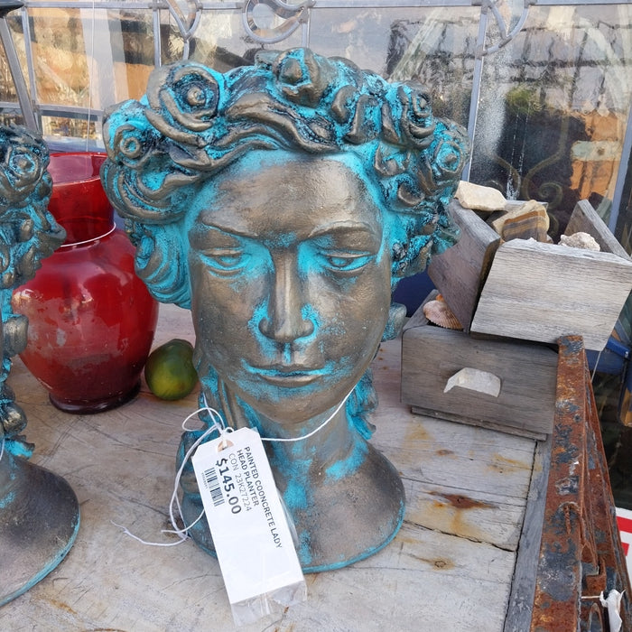 PAINTED CONCRETE LADY HEAD PLANTER