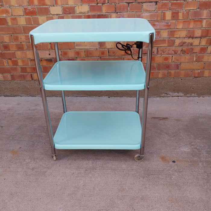 VINTAGE BLUE ROLLING KITCHEN CART WITH ELECTRIC OUTLET