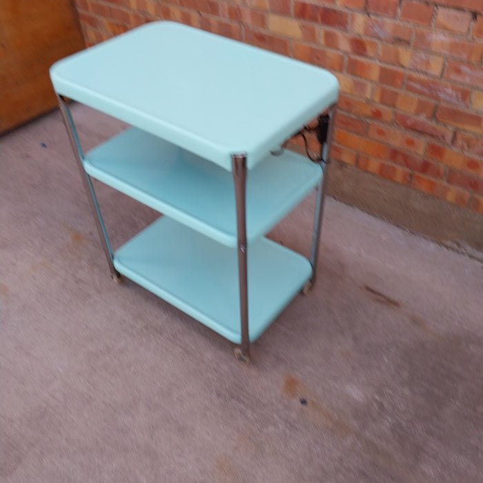 VINTAGE BLUE ROLLING KITCHEN CART WITH ELECTRIC OUTLET