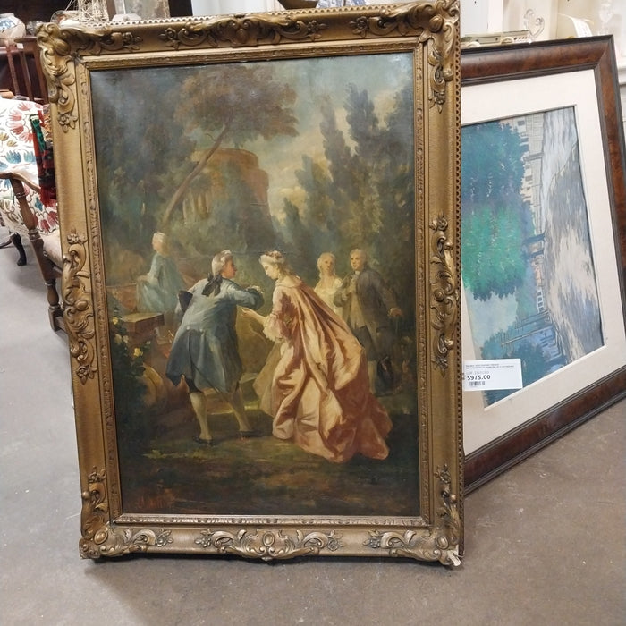 GOLD FRAMED FRENCH IMPRESSIONIST OIL PAINTING OF AN 18TH CENTURY GATHERING RESTORED