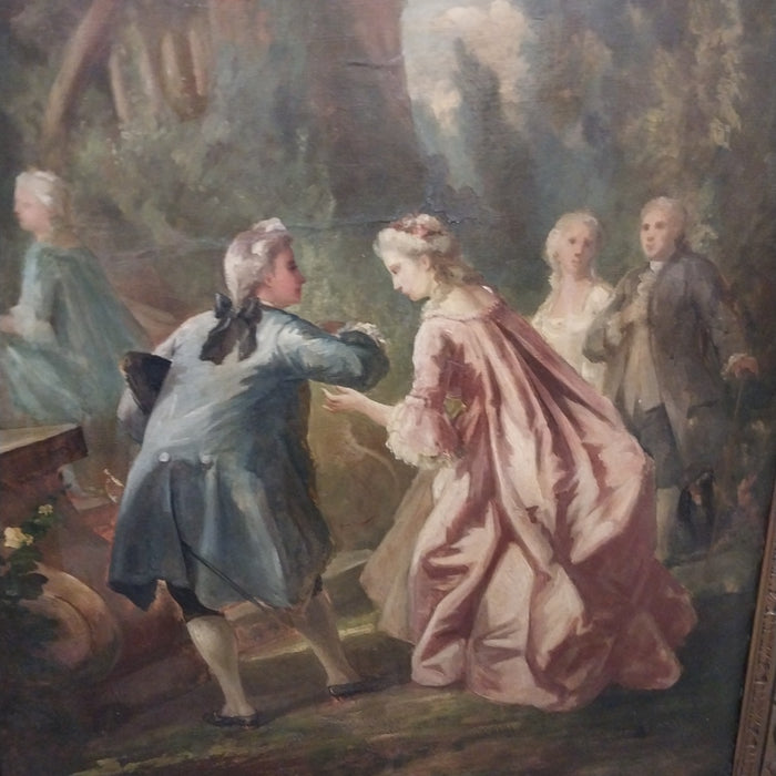 GOLD FRAMED FRENCH IMPRESSIONIST OIL PAINTING OF AN 18TH CENTURY GATHERING RESTORED