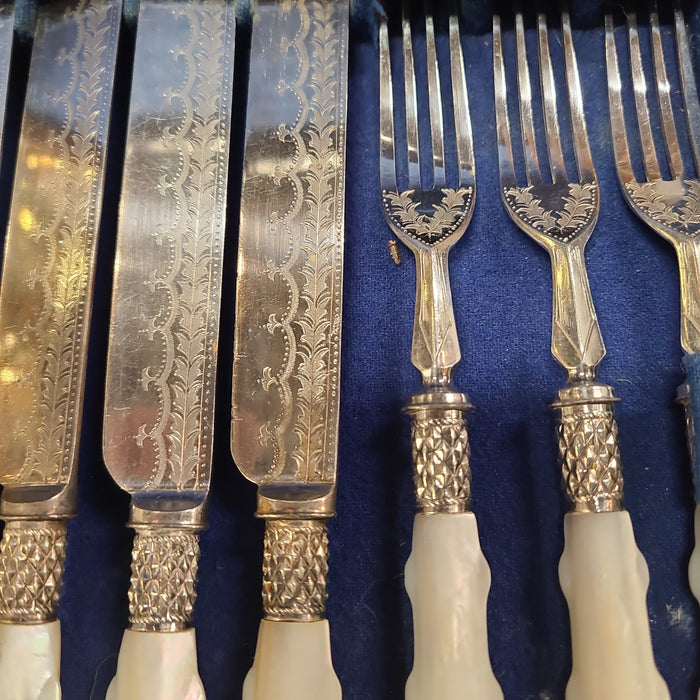 19TH CENTURY SILVER WITH MOTHER OF PEARL 24 PIECE KNIFE AND FORK CUTLERY SET