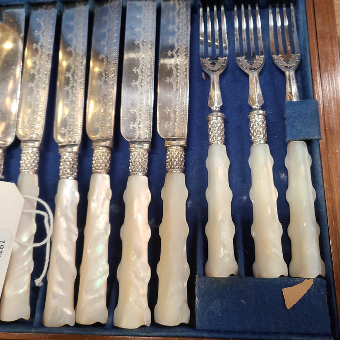 19TH CENTURY SILVER WITH MOTHER OF PEARL 24 PIECE KNIFE AND FORK CUTLERY SET