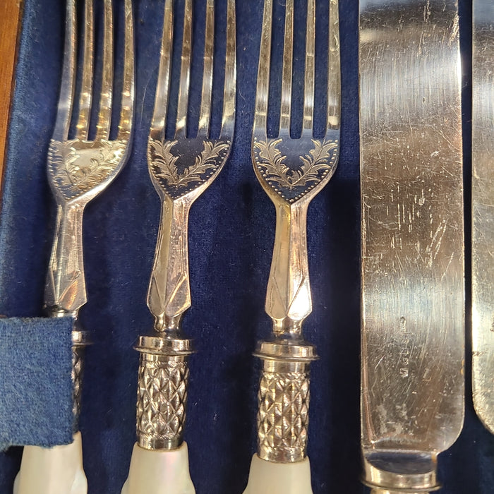 19TH CENTURY SILVER WITH MOTHER OF PEARL 24 PIECE KNIFE AND FORK CUTLERY SET