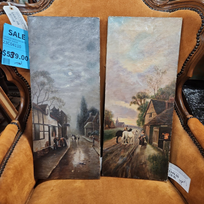 PAIR OF UNFRAMED VERTICAL LANDSCAPE OIL PAINTINGS OF HORSES IN VILLAGES