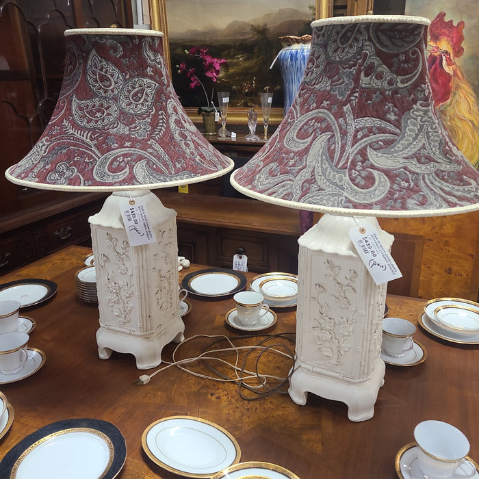 PAIR OF WHITE ASIAN LAMPS WITH PAISLEY FABRIC SHADES