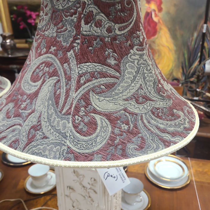 PAIR OF WHITE ASIAN LAMPS WITH PAISLEY FABRIC SHADES