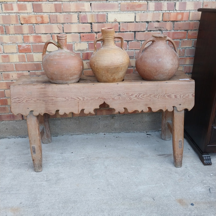 SET OF 3 TERRA COTTA JUGS WITH PINE STANDS