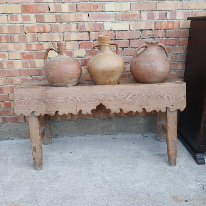 SET OF 3 TERRA COTTA JUGS WITH PINE STANDS