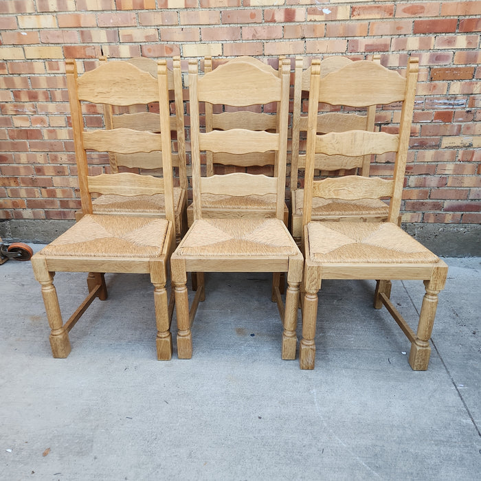 SET OF 6 LIGHT OAK LADDER BACK CHAIRS WITH RUSH SEATS