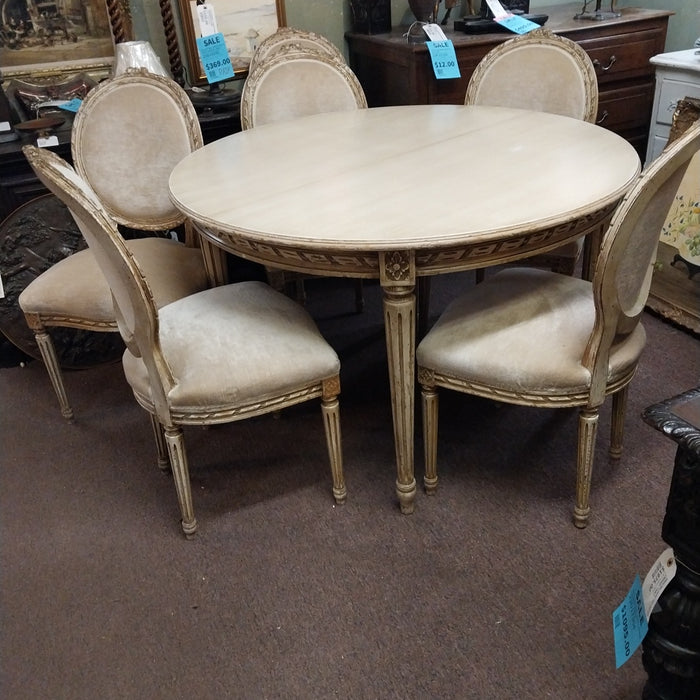 5 PIECE LOUIS XVI PAINTED DINING SET WITH ROUND TABLE 47"