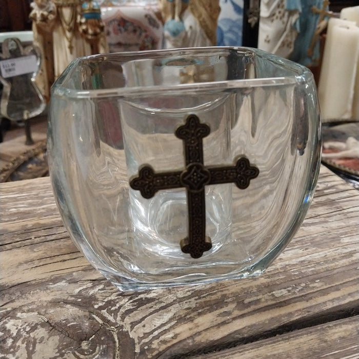 GLASS VOTIVE WITH CROSS