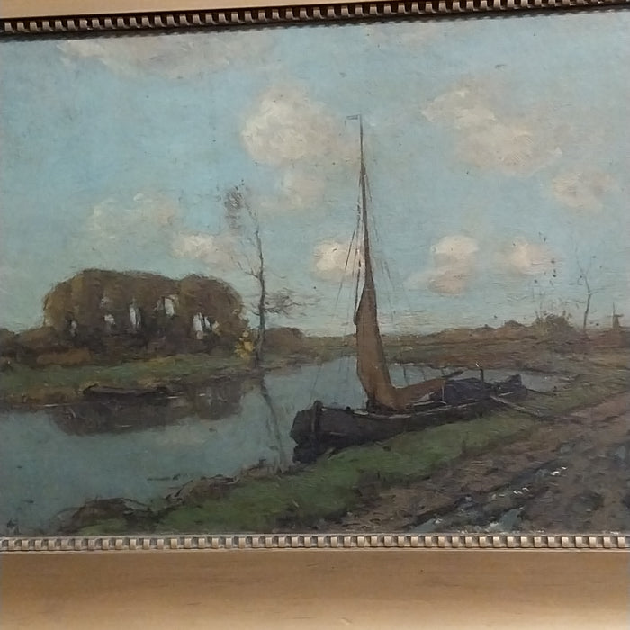 SMALL FRAMED OIL PAINTING OF A SAILBOAT MOORED ON THE BANK OF A RIVER-SIGNED PAUL BODIFEE