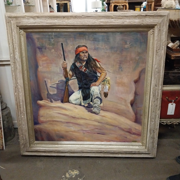 LARGE FRAMED OIL PAINTING OF AN APACHE LOOKOUT BY GUADLUPE APODACA