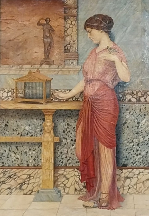 LARGE FRAMED OIL PAINTING OF A LADY HOLDING A BIRD BY JOHN WILLIAM GODWARD