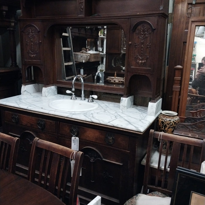 ANTIQUE ENGLISH MIRROR BACK SIDEBOARD WITH MARBLE TOP SINK