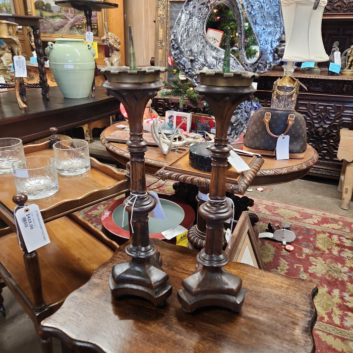 PAIR OF OAK GOTHIC CANDLESTICKS