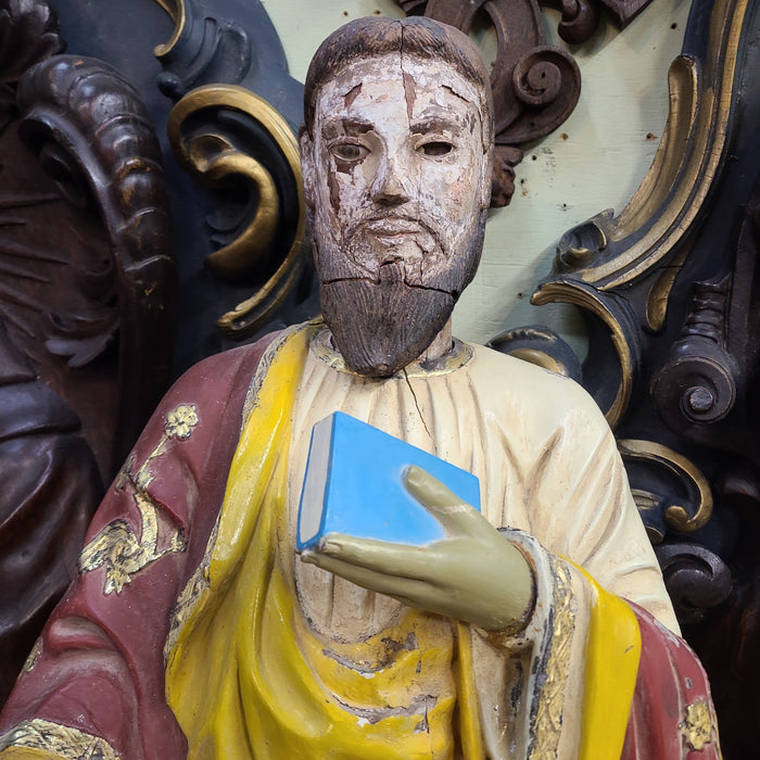 ANCIENT WOOD SAINT STATUE HOLDING BIBLE