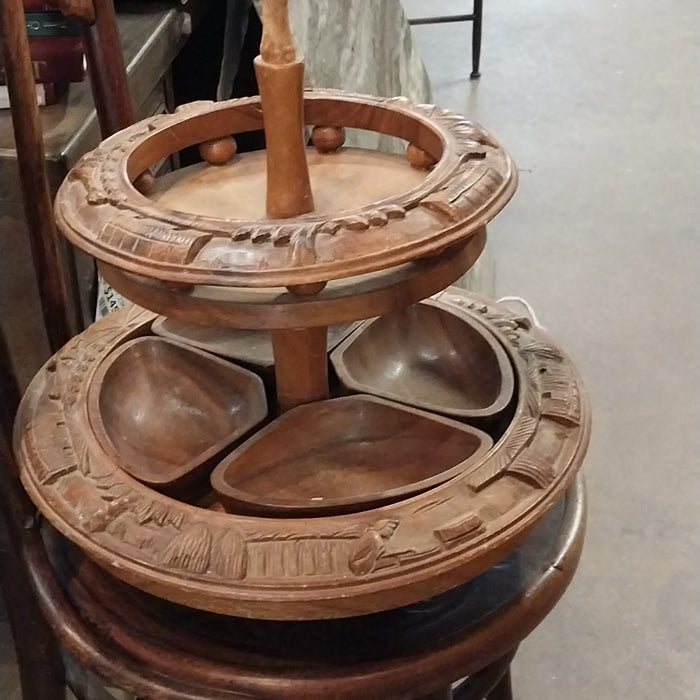 2 TIER CARVED WOOD LAZY SUSAN- AS FOUND