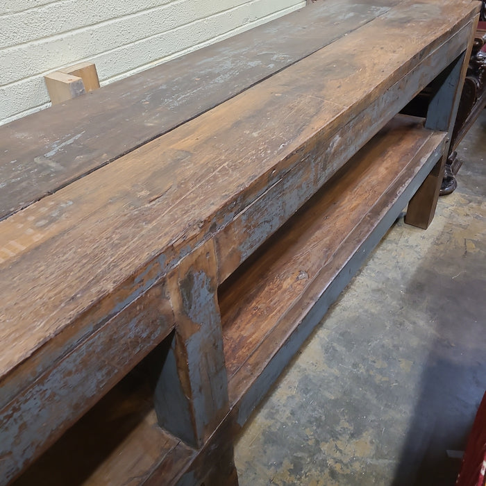 LONG NARROW GREY WORK TABLE WITH MORTISE AND TENON EXTENSIONS