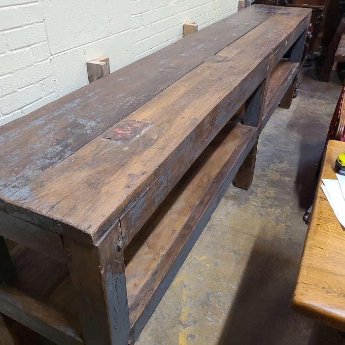 LONG NARROW GREY WORK TABLE WITH MORTISE AND TENON EXTENSIONS
