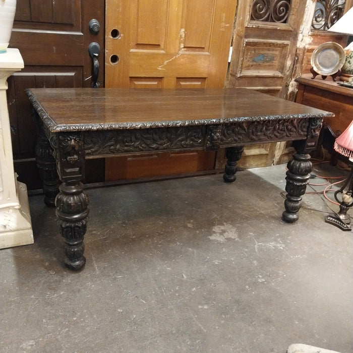 ENGLISH DARK OAK CARVED LIBRARY TABLE