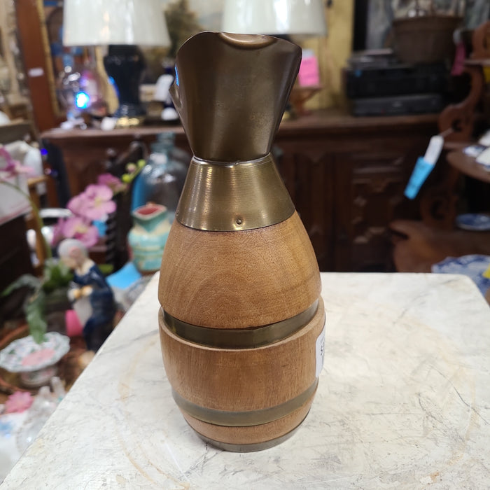 SMALL OAK WITH BRASS BARREL PITCHER