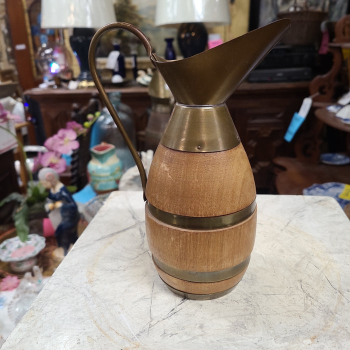 SMALL OAK WITH BRASS BARREL PITCHER