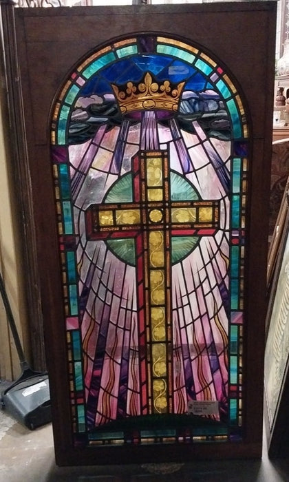 CROSS AND CROWN STAINED GLASS WINDOW IN BOX
