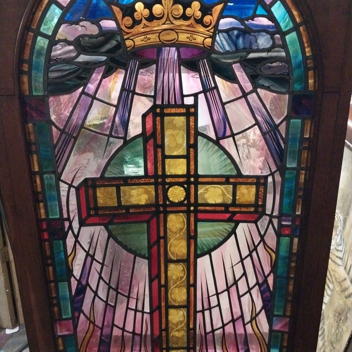 CROSS AND CROWN STAINED GLASS WINDOW IN BOX
