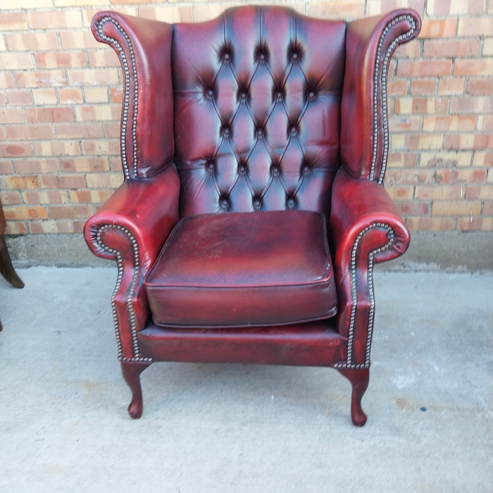 OXBLOOD LEATHER CHESTERFIELD WINGBACK CHAIR