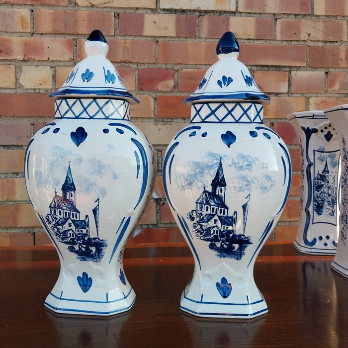 PAIR OF BLUE DELFT HAND PAINTED GINGER JARS WITH CHURCHES