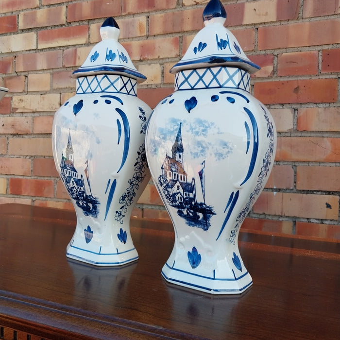 PAIR OF BLUE DELFT HAND PAINTED GINGER JARS WITH CHURCHES