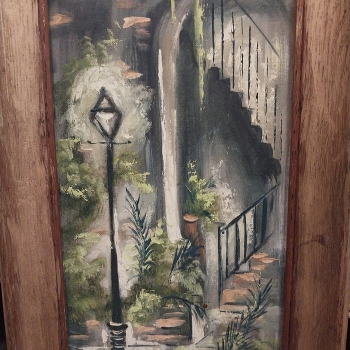 SMALL VERTICAL OIL ON BOARD PAINTING OF STEET LIGHT