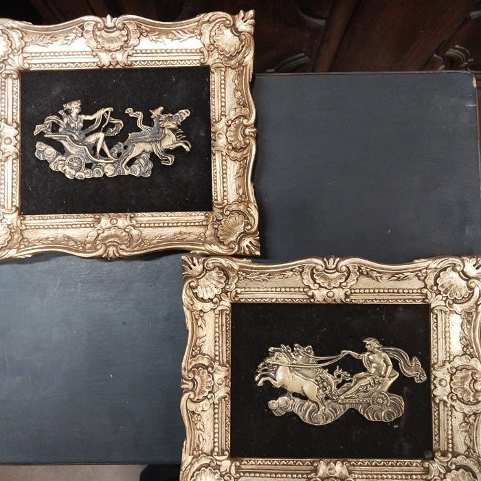 PAIR OF VINTAGE PLASTIC FLORAL CHARIOTS ON VELVET